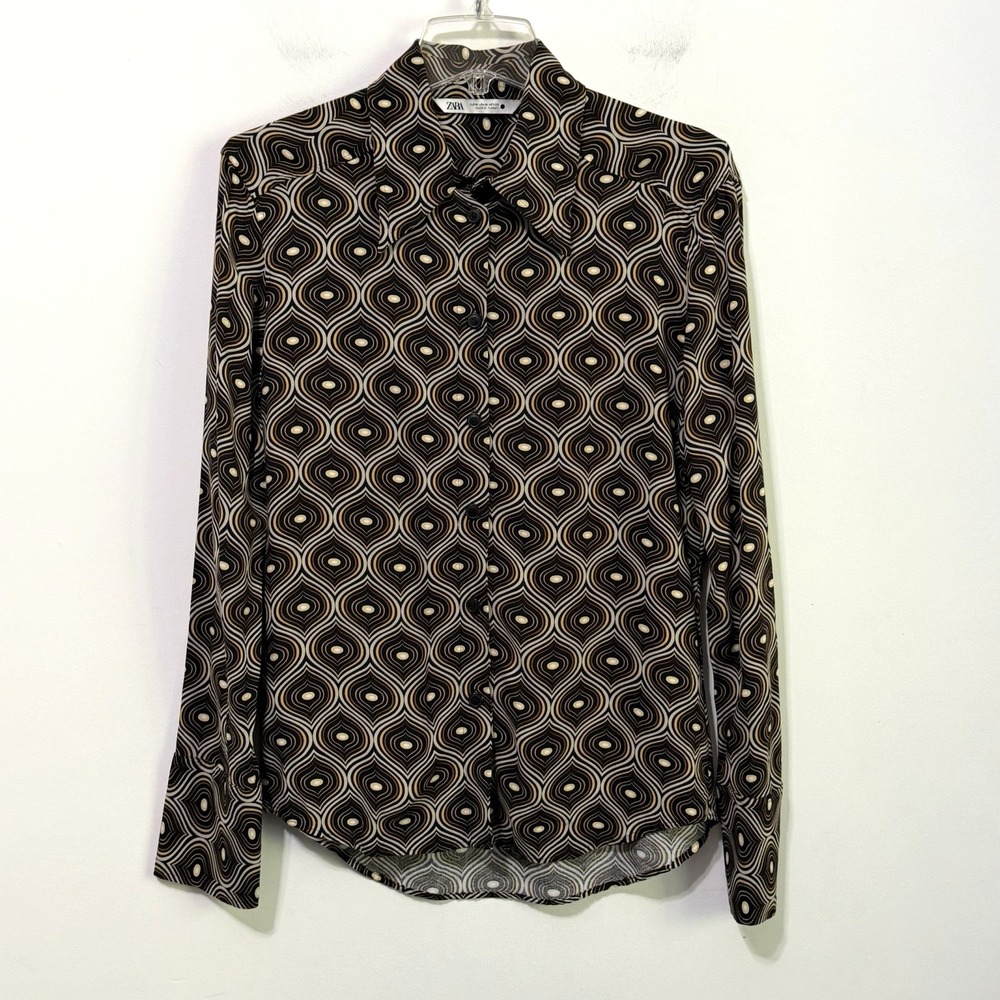 Zara Retro Blouse Shirt M Black Yellow Geometric Long Sleeve Button Front Party